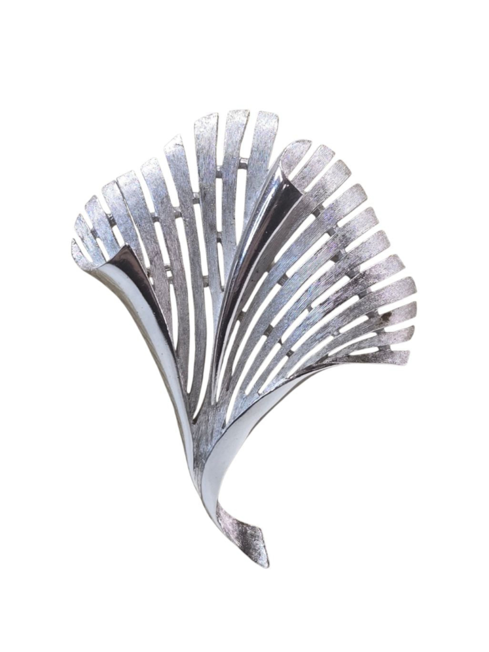 Vintage Crown Trifari Brooch Modernist Design Fan Calla Lily Leaf Silvertone Pin